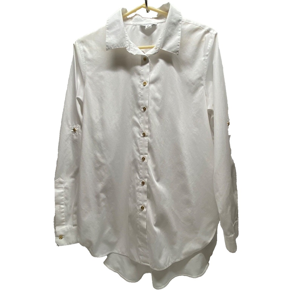 Calvin Klein Button Down Blouse Women's Medium White Long Roll Tab Sleeve EUC